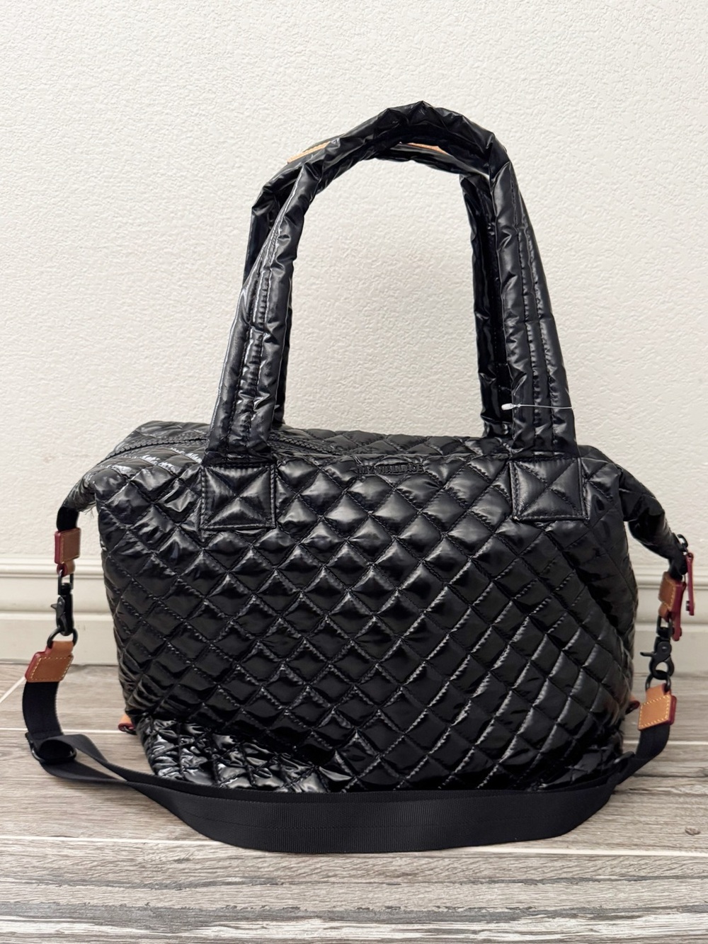 MZ Wallace Quilted Glossy Travel Sutton Tote Bag Black Large Overnight Weekender